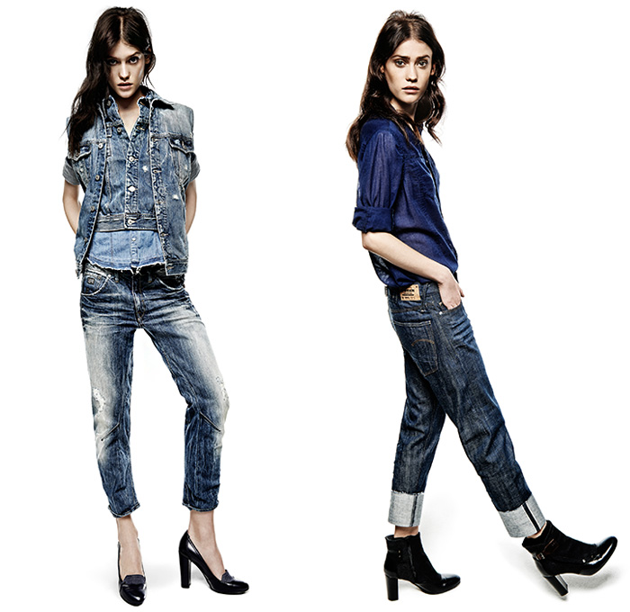 G-Star RAW 2014 Summer Womens Denim Jeans Collection - Amsterdam The Netherlands - Black Cropped Vest Waistcoat Gilet Destroyed Destructed Asymmetrical Triple Denim Double Denim Full On Denim Hoodie Tuxedo Stripe Outerwear Coat Jacket Cargo Pockets Bomber Jacket Frayed Roll Up Fold Shorts Camouflage Quilted Waffle Metallic