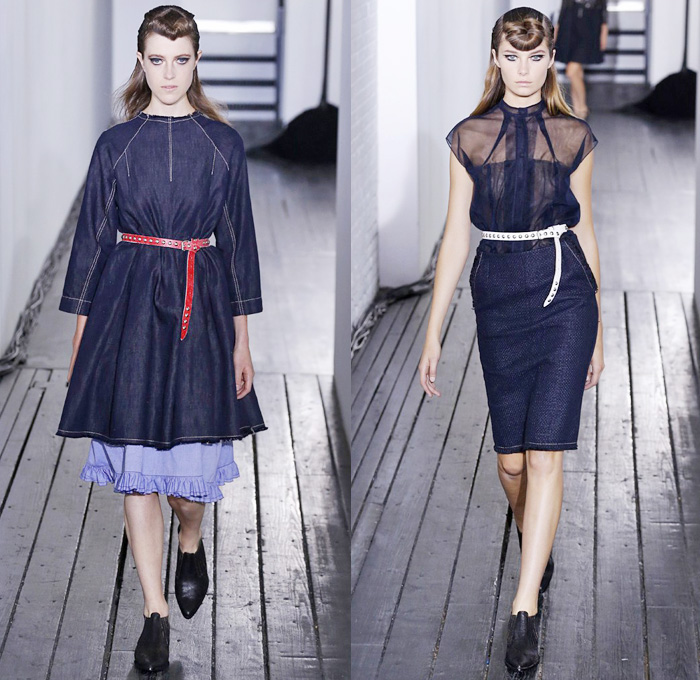 Hache Italy 2014 Spring Summer Womens Runway Collection - New York Fashion Week - Manuela Arcari - Denim Jeans Dress Skirt Wide Leg Trousers Palazzo Pants Culottes Gauchos Sheer Chiffon Peek-A-Boo Mesh Ruffles Crop Top Bandeau White Ensemble Skinny Belts: Designer Denim Jeans Fashion: Season Collections, Runways, Lookbooks and Linesheets