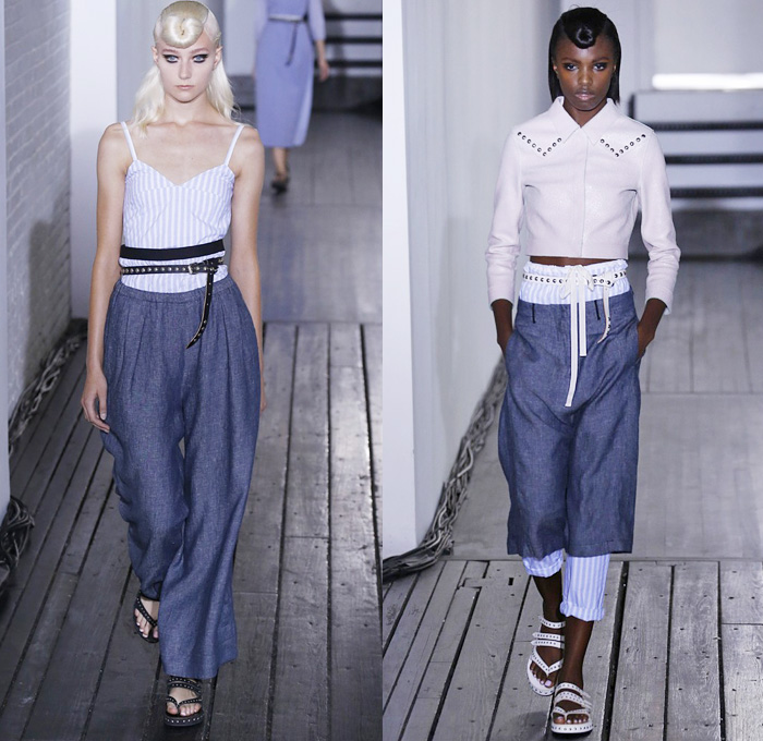 Hache Italy 2014 Spring Summer Womens Runway Collection - New York Fashion Week - Manuela Arcari - Denim Jeans Dress Skirt Wide Leg Trousers Palazzo Pants Culottes Gauchos Sheer Chiffon Peek-A-Boo Mesh Ruffles Crop Top Bandeau White Ensemble Skinny Belts: Designer Denim Jeans Fashion: Season Collections, Runways, Lookbooks and Linesheets