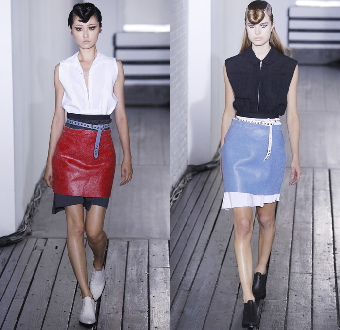 Hache Italy 2014 Spring Summer Womens Runway Collection - New York Fashion Week - Manuela Arcari - Denim Jeans Dress Skirt Wide Leg Trousers Palazzo Pants Culottes Gauchos Sheer Chiffon Peek-A-Boo Mesh Ruffles Crop Top Bandeau White Ensemble Skinny Belts: Designer Denim Jeans Fashion: Season Collections, Runways, Lookbooks and Linesheets