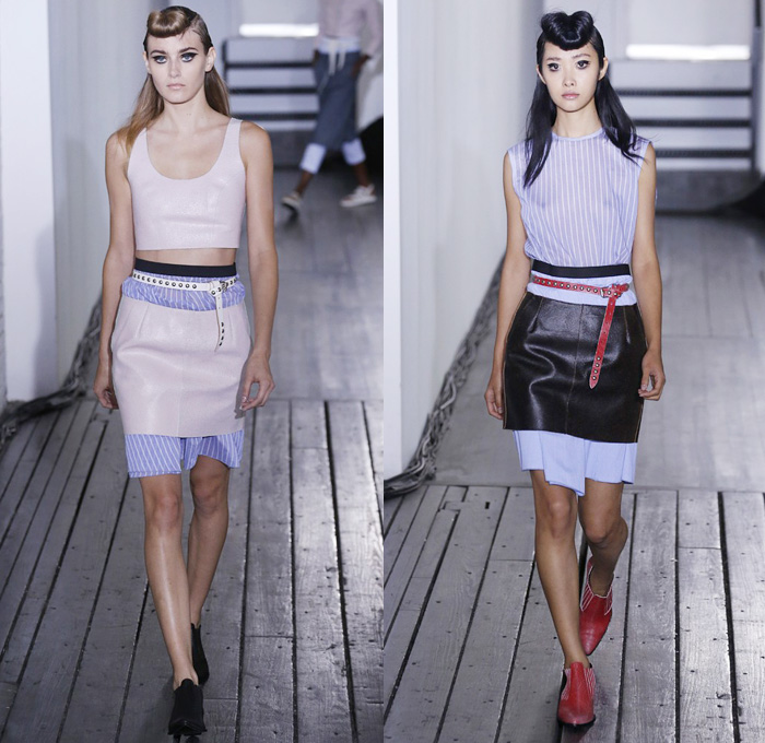 Hache Italy 2014 Spring Summer Womens Runway Collection - New York Fashion Week - Manuela Arcari - Denim Jeans Dress Skirt Wide Leg Trousers Palazzo Pants Culottes Gauchos Sheer Chiffon Peek-A-Boo Mesh Ruffles Crop Top Bandeau White Ensemble Skinny Belts: Designer Denim Jeans Fashion: Season Collections, Runways, Lookbooks and Linesheets