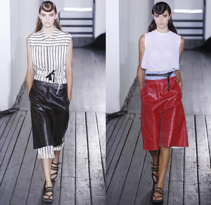 Hache Italy 2014 Spring Summer Womens Runway Collection - New York Fashion Week - Manuela Arcari - Denim Jeans Dress Skirt Wide Leg Trousers Palazzo Pants Culottes Gauchos Sheer Chiffon Peek-A-Boo Mesh Ruffles Crop Top Bandeau White Ensemble Skinny Belts: Designer Denim Jeans Fashion: Season Collections, Runways, Lookbooks and Linesheets