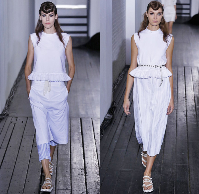 Hache Italy 2014 Spring Summer Womens Runway Collection - New York Fashion Week - Manuela Arcari - Denim Jeans Dress Skirt Wide Leg Trousers Palazzo Pants Culottes Gauchos Sheer Chiffon Peek-A-Boo Mesh Ruffles Crop Top Bandeau White Ensemble Skinny Belts: Designer Denim Jeans Fashion: Season Collections, Runways, Lookbooks and Linesheets