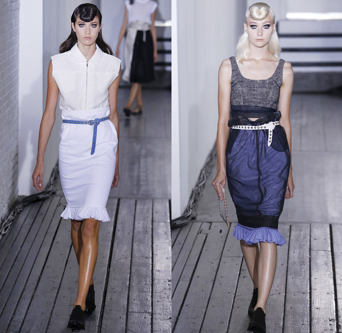 Hache Italy 2014 Spring Summer Womens Runway Collection - New York Fashion Week - Manuela Arcari - Denim Jeans Dress Skirt Wide Leg Trousers Palazzo Pants Culottes Gauchos Sheer Chiffon Peek-A-Boo Mesh Ruffles Crop Top Bandeau White Ensemble Skinny Belts: Designer Denim Jeans Fashion: Season Collections, Runways, Lookbooks and Linesheets