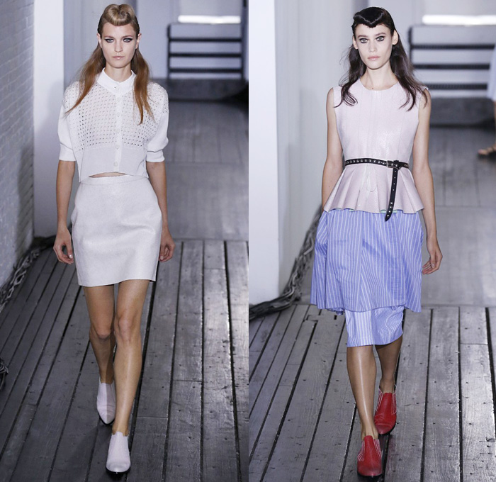 Hache Italy 2014 Spring Summer Womens Runway Collection - New York Fashion Week - Manuela Arcari - Denim Jeans Dress Skirt Wide Leg Trousers Palazzo Pants Culottes Gauchos Sheer Chiffon Peek-A-Boo Mesh Ruffles Crop Top Bandeau White Ensemble Skinny Belts: Designer Denim Jeans Fashion: Season Collections, Runways, Lookbooks and Linesheets