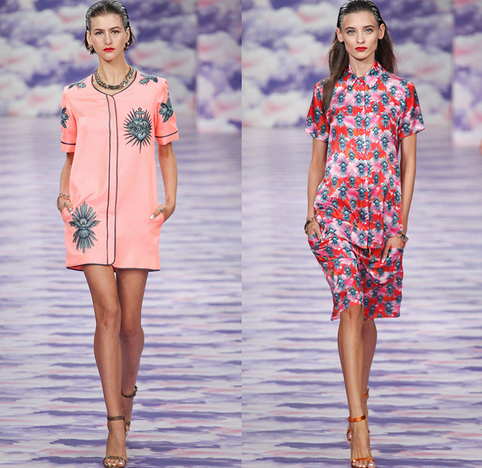 House of Holland 2014 Spring Summer Womens Runway Collection - London Fashion Week - Religious Tattoos Sacred Heart Virgin Mary Motif Prints Checks Rose Buds Embroidery Lace Outerwear Trench Coats: Designer Denim Jeans Fashion: Season Collections, Runways, Lookbooks and Linesheets