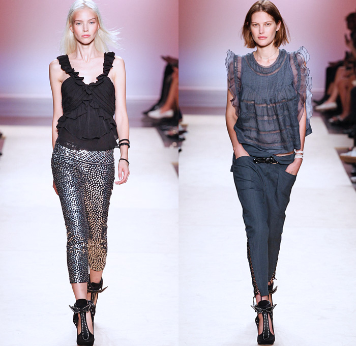 Isabel Marant 2014 Spring Summer Womens Runway Collection - Paris Fashion Week - Mode à Paris - Denim Jeans Cutoffs Shorts Patchwork Sheer Chiffon Lace Ruffles Dresses Blazers Cropped Leather Pants Sequin Embroidery Peek-A-Boo Mesh Bohemian: Designer Denim Jeans Fashion: Season Collections, Runways, Lookbooks and Linesheets