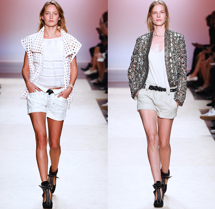 Isabel Marant 2014 Spring Summer Womens Runway Collection - Paris Fashion Week - Mode à Paris - Denim Jeans Cutoffs Shorts Patchwork Sheer Chiffon Lace Ruffles Dresses Blazers Cropped Leather Pants Sequin Embroidery Peek-A-Boo Mesh Bohemian: Designer Denim Jeans Fashion: Season Collections, Runways, Lookbooks and Linesheets