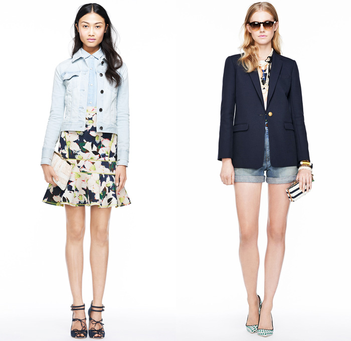 J.Crew 2014 Spring Womens Presentation - New York Fashion Week - Denim Jacket Shorts Flowers Floral Tropical Prints Nautical Stripes Parka White Ensemble 3D Cutouts Perforated: Designer Denim Jeans Fashion: Season Collections, Runways, Lookbooks and Linesheets