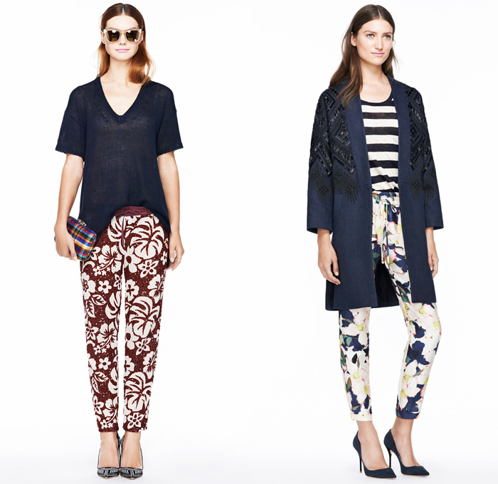 J.Crew 2014 Spring Womens Presentation - New York Fashion Week - Denim Jacket Shorts Flowers Floral Tropical Prints Nautical Stripes Parka White Ensemble 3D Cutouts Perforated: Designer Denim Jeans Fashion: Season Collections, Runways, Lookbooks and Linesheets