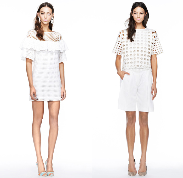 J.Crew 2014 Spring Womens Presentation - New York Fashion Week - Denim Jacket Shorts Flowers Floral Tropical Prints Nautical Stripes Parka White Ensemble 3D Cutouts Perforated: Designer Denim Jeans Fashion: Season Collections, Runways, Lookbooks and Linesheets