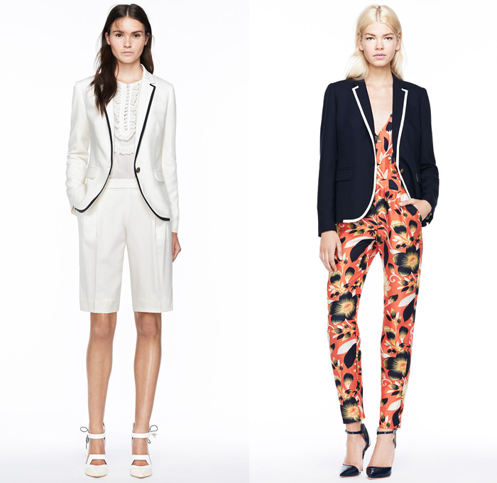 J.Crew 2014 Spring Womens Presentation - New York Fashion Week - Denim Jacket Shorts Flowers Floral Tropical Prints Nautical Stripes Parka White Ensemble 3D Cutouts Perforated: Designer Denim Jeans Fashion: Season Collections, Runways, Lookbooks and Linesheets