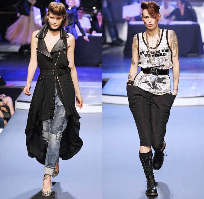 Jean Paul Gaultier 2014 Spring Summer Womens Runway Collection - Paris Fashion Week - Mode à Paris - Ballroom Dancers Fringes Flapper Patchwork Denim Jeans Motorcycle Biker Leather Jackets Jumpsuits Sheer Chiffon Net Peek-A-Boo Crop Top Grunge Off Shoulder: Designer Denim Jeans Fashion: Season Collections, Runways, Lookbooks and Linesheets