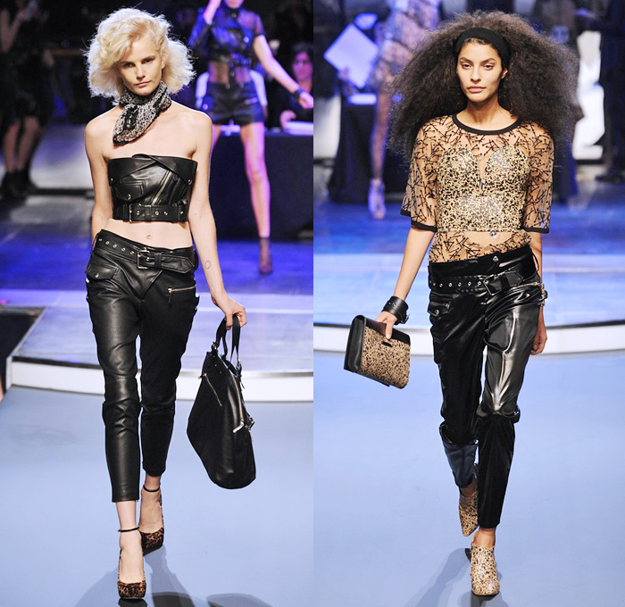 Jean Paul Gaultier 2014 Spring Summer Womens Runway Collection - Paris Fashion Week - Mode à Paris - Ballroom Dancers Fringes Flapper Patchwork Denim Jeans Motorcycle Biker Leather Jackets Jumpsuits Sheer Chiffon Net Peek-A-Boo Crop Top Grunge Off Shoulder: Designer Denim Jeans Fashion: Season Collections, Runways, Lookbooks and Linesheets