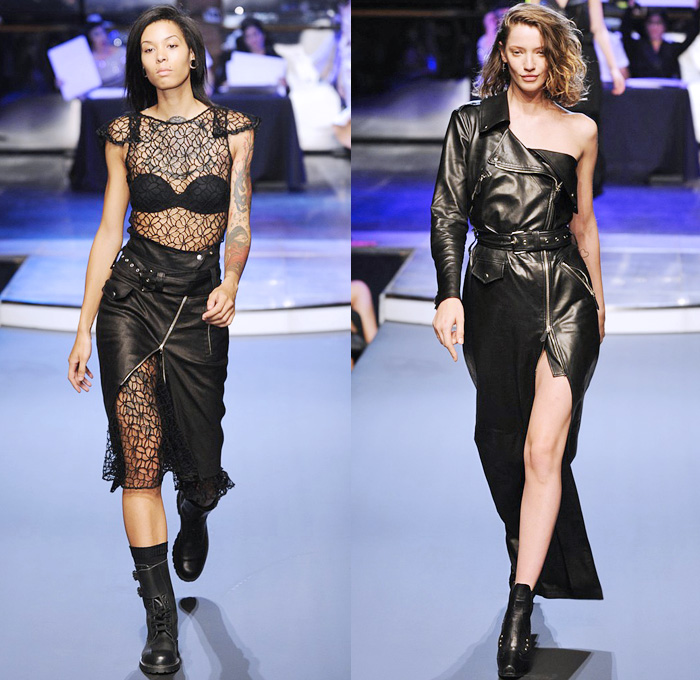 Jean Paul Gaultier 2014 Spring Summer Womens Runway Collection - Paris Fashion Week - Mode à Paris - Ballroom Dancers Fringes Flapper Patchwork Denim Jeans Motorcycle Biker Leather Jackets Jumpsuits Sheer Chiffon Net Peek-A-Boo Crop Top Grunge Off Shoulder: Designer Denim Jeans Fashion: Season Collections, Runways, Lookbooks and Linesheets