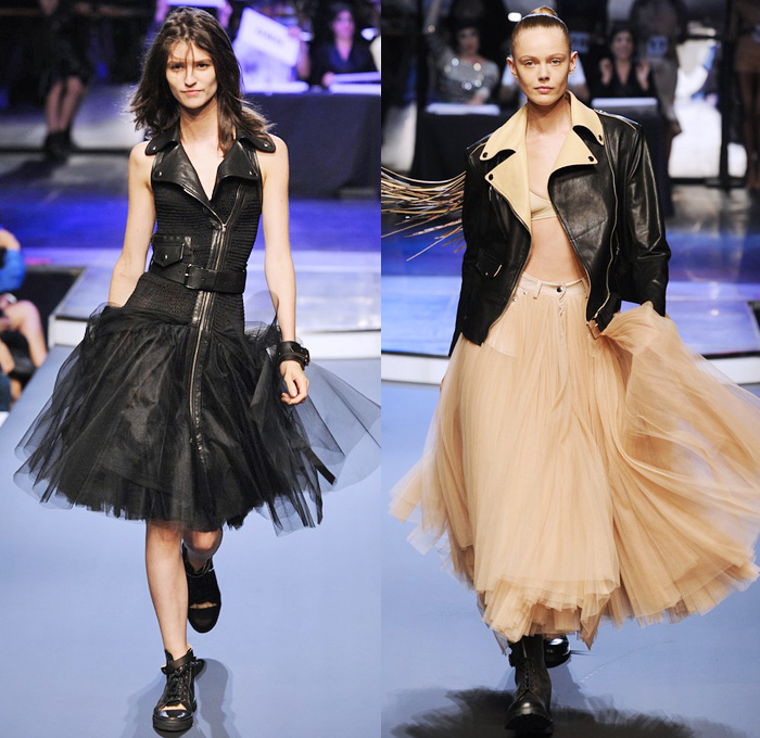 Jean Paul Gaultier 2014 Spring Summer Womens Runway Collection - Paris Fashion Week - Mode à Paris - Ballroom Dancers Fringes Flapper Patchwork Denim Jeans Motorcycle Biker Leather Jackets Jumpsuits Sheer Chiffon Net Peek-A-Boo Crop Top Grunge Off Shoulder: Designer Denim Jeans Fashion: Season Collections, Runways, Lookbooks and Linesheets