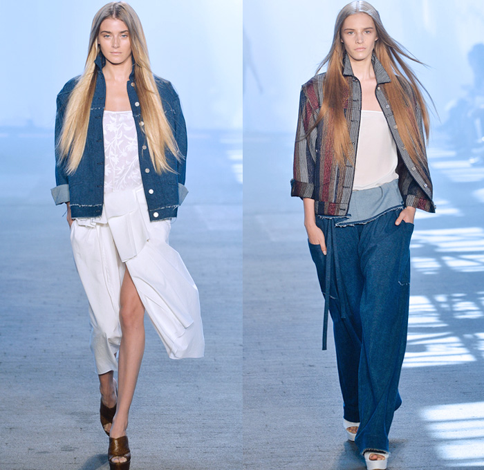 Jen Kao 2014 Spring Womens Runway Collection - New York Fashion Week - Frayed Denim Plaid Silk Dévoré Seventies Dresses Palazzo Pants: Designer Denim Jeans Fashion: Season Collections, Runways, Lookbooks and Linesheets