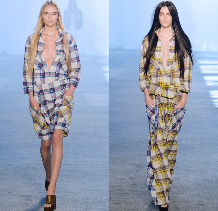 Jen Kao 2014 Spring Womens Runway Collection - New York Fashion Week - Frayed Denim Plaid Silk Dévoré Seventies Dresses Palazzo Pants: Designer Denim Jeans Fashion: Season Collections, Runways, Lookbooks and Linesheets