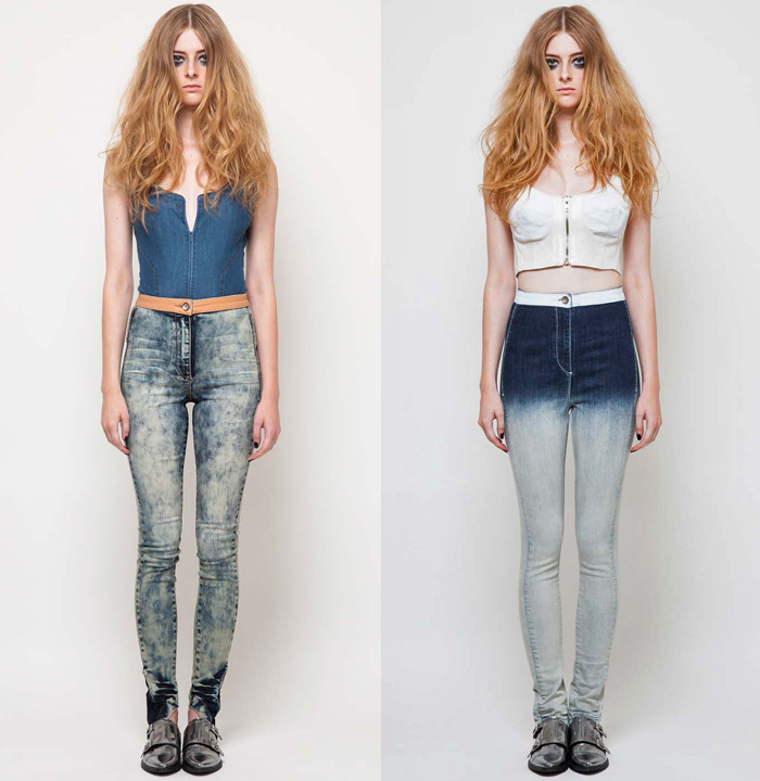 Jena.Theo 2014 Spring Summer Denim Womens Collection - Denim Jeans Jumpsuit Playsuit Coveralls Crop Top Midriff Bandeau Top Bralette High Waist Retro Acid Wash Ombre Bomber Jacket Shorts Cutoffs Dress Tunic Tunicdress Flowers Florals Metallic Foil White Skeleton Bones Ruffles Pleats: Designer Denim Jeans Fashion: Season Collections, Runways, Lookbooks and Linesheets