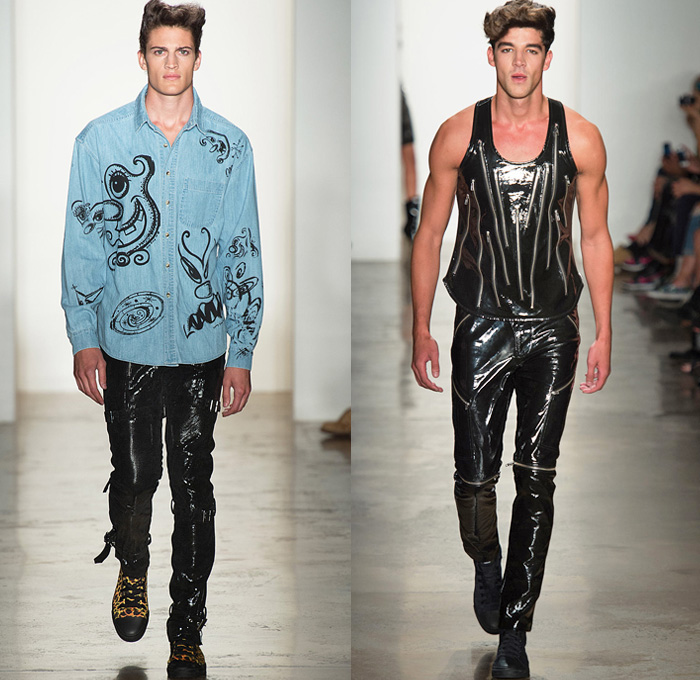 Jeremy Scott 2014 Spring Summer Mens Runway Collection - New York Fashion Week - Teenagers from Mars - TV Color Bar Stripes Tribal Masks Cartoon Prints Biker Straps Streetwear: Designer Denim Jeans Fashion: Season Collections, Runways, Lookbooks and Linesheets