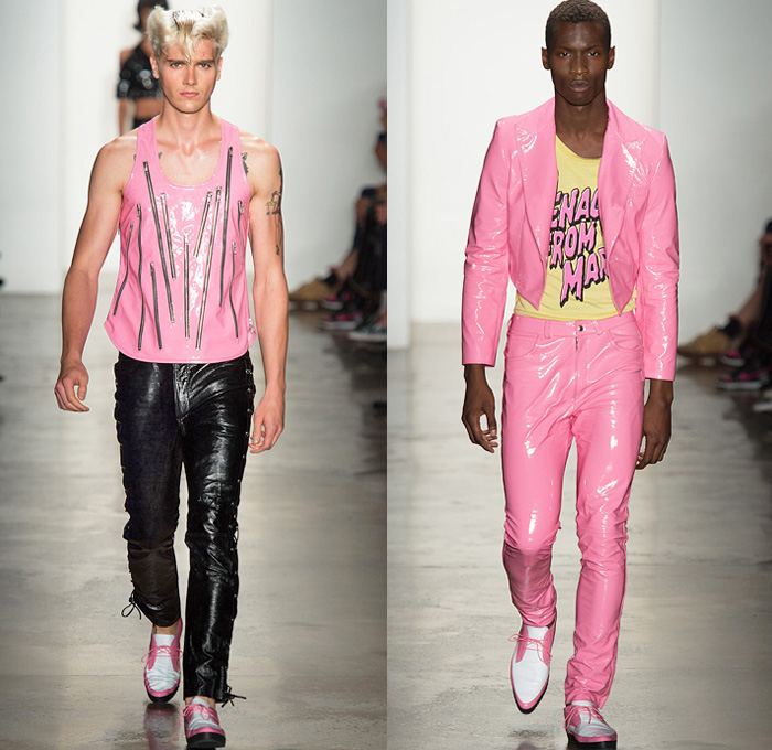 Jeremy Scott 2014 Spring Summer Mens Runway Collection - New York Fashion Week - Teenagers from Mars - TV Color Bar Stripes Tribal Masks Cartoon Prints Biker Straps Streetwear: Designer Denim Jeans Fashion: Season Collections, Runways, Lookbooks and Linesheets