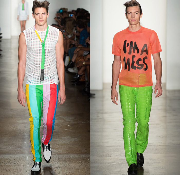 Jeremy Scott 2014 Spring Summer Mens Runway Collection - New York Fashion Week - Teenagers from Mars - TV Color Bar Stripes Tribal Masks Cartoon Prints Biker Straps Streetwear: Designer Denim Jeans Fashion: Season Collections, Runways, Lookbooks and Linesheets