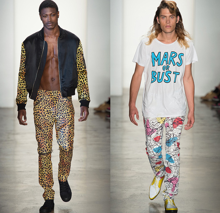 Jeremy Scott 2014 Spring Summer Mens Runway Collection - New York Fashion Week - Teenagers from Mars - TV Color Bar Stripes Tribal Masks Cartoon Prints Biker Straps Streetwear: Designer Denim Jeans Fashion: Season Collections, Runways, Lookbooks and Linesheets