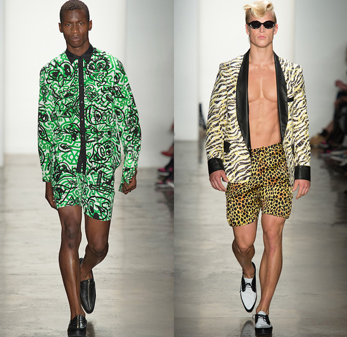 Jeremy Scott 2014 Spring Summer Mens Runway Collection - New York Fashion Week - Teenagers from Mars - TV Color Bar Stripes Tribal Masks Cartoon Prints Biker Straps Streetwear: Designer Denim Jeans Fashion: Season Collections, Runways, Lookbooks and Linesheets