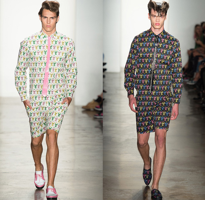 Jeremy Scott 2014 Spring Summer Mens Runway Collection - New York Fashion Week - Teenagers from Mars - TV Color Bar Stripes Tribal Masks Cartoon Prints Biker Straps Streetwear: Designer Denim Jeans Fashion: Season Collections, Runways, Lookbooks and Linesheets