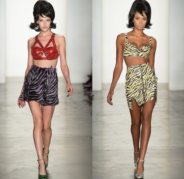 Jeremy Scott 2014 Spring Summer Womens Runway Collection - New York Fashion Week - Teenagers from Mars - TV Color Bar Stripes Tribal Masks Cartoon Prints Biker Straps Streetwear Leather Crop Tops Bralettes: Designer Denim Jeans Fashion: Season Collections, Runways, Lookbooks and Linesheets