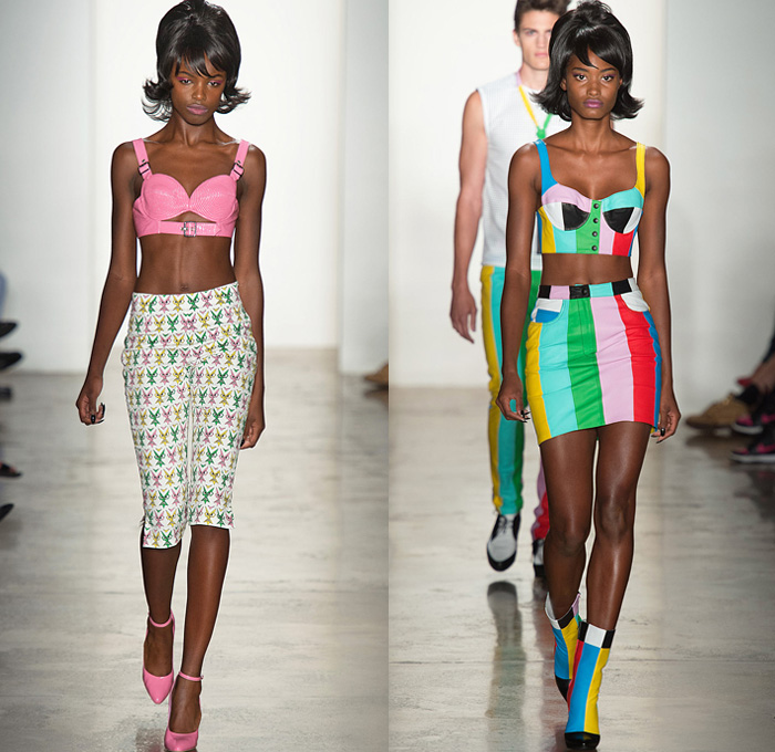 Jeremy Scott 2014 Spring Summer Womens Runway Collection - New York Fashion Week - Teenagers from Mars - TV Color Bar Stripes Tribal Masks Cartoon Prints Biker Straps Streetwear Leather Crop Tops Bralettes: Designer Denim Jeans Fashion: Season Collections, Runways, Lookbooks and Linesheets