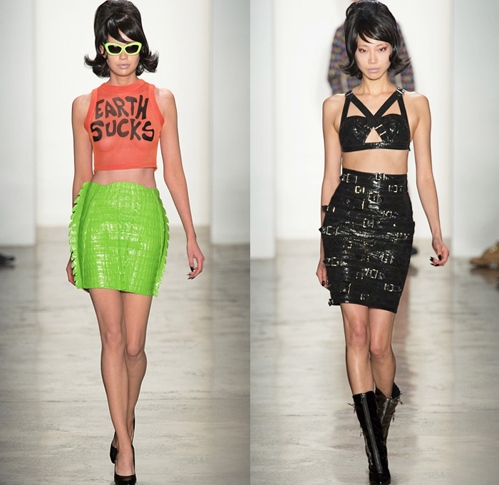 Jeremy Scott 2014 Spring Summer Womens Runway Collection - New York Fashion Week - Teenagers from Mars - TV Color Bar Stripes Tribal Masks Cartoon Prints Biker Straps Streetwear Leather Crop Tops Bralettes: Designer Denim Jeans Fashion: Season Collections, Runways, Lookbooks and Linesheets