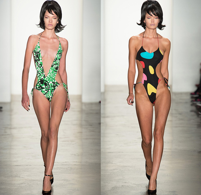 Jeremy Scott 2014 Spring Summer Womens Runway Collection - New York Fashion Week - Teenagers from Mars - TV Color Bar Stripes Tribal Masks Cartoon Prints Biker Straps Streetwear Leather Crop Tops Bralettes: Designer Denim Jeans Fashion: Season Collections, Runways, Lookbooks and Linesheets