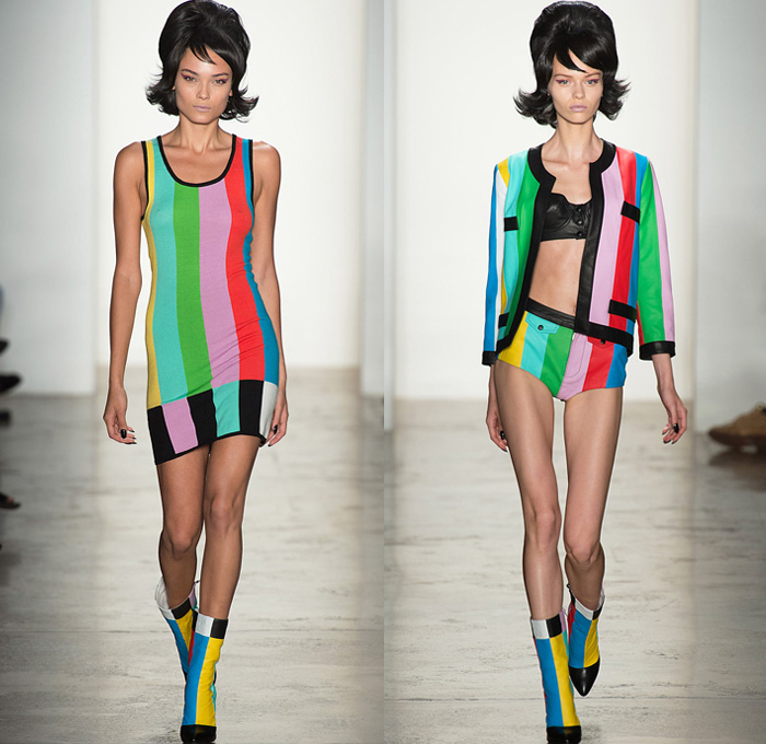 Jeremy Scott 2014 Spring Summer Womens Runway Collection - New York Fashion Week - Teenagers from Mars - TV Color Bar Stripes Tribal Masks Cartoon Prints Biker Straps Streetwear Leather Crop Tops Bralettes: Designer Denim Jeans Fashion: Season Collections, Runways, Lookbooks and Linesheets