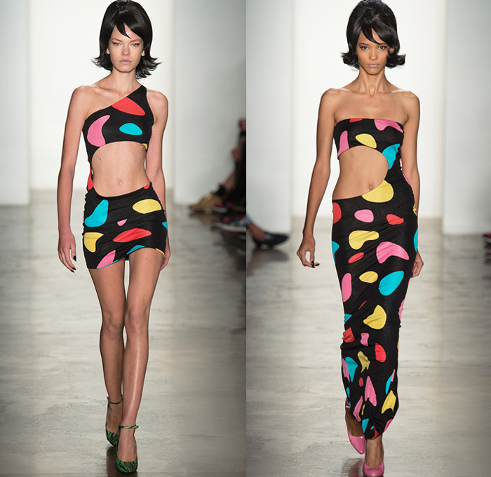 Jeremy Scott 2014 Spring Summer Womens Runway Collection - New York Fashion Week - Teenagers from Mars - TV Color Bar Stripes Tribal Masks Cartoon Prints Biker Straps Streetwear Leather Crop Tops Bralettes: Designer Denim Jeans Fashion: Season Collections, Runways, Lookbooks and Linesheets