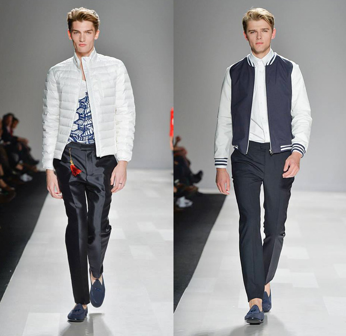 Joe Fresh 2014 Spring Summer Mens Runway Collection - World MasterCard Fashion Week Toronto Ontario Canada - Frayed Roll Up Denim Jeans Pagoda Print Blazer Quilted Bomber Jacket Boat Neck Sweater Tassel Loafers: Designer Denim Jeans Fashion: Season Collections, Runways, Lookbooks and Linesheets