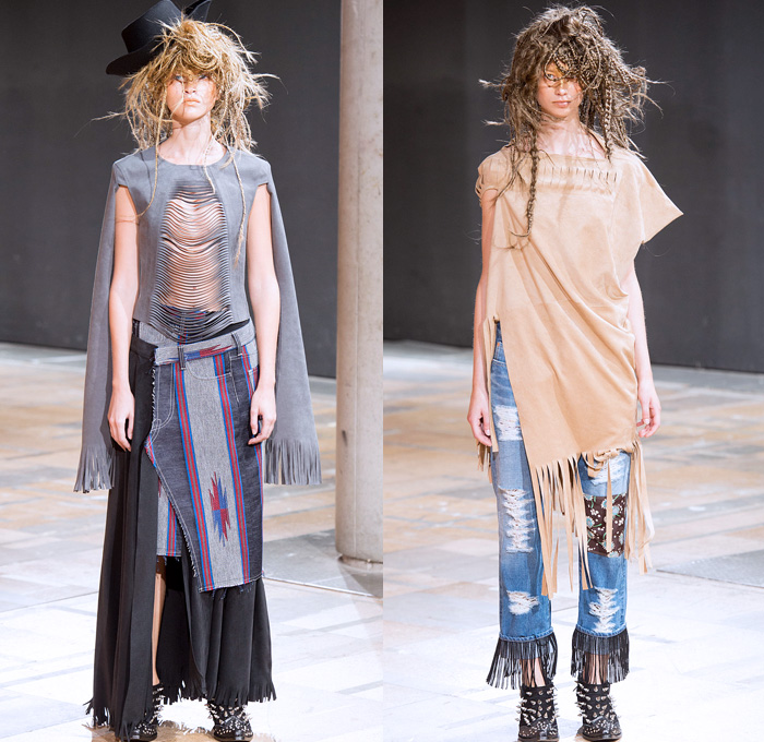 Junya Watanabe 2014 Spring Summer Womens Runway Collection - Paris Fashion Week - Mode à Paris - Crusty Raver Braided Hair Hippie Tribal Native American Prints Motif Folklore Fringe Draped Denim Jeans Patchwork Destroyed Frayed: Designer Denim Jeans Fashion: Season Collections, Runways, Lookbooks and Linesheets