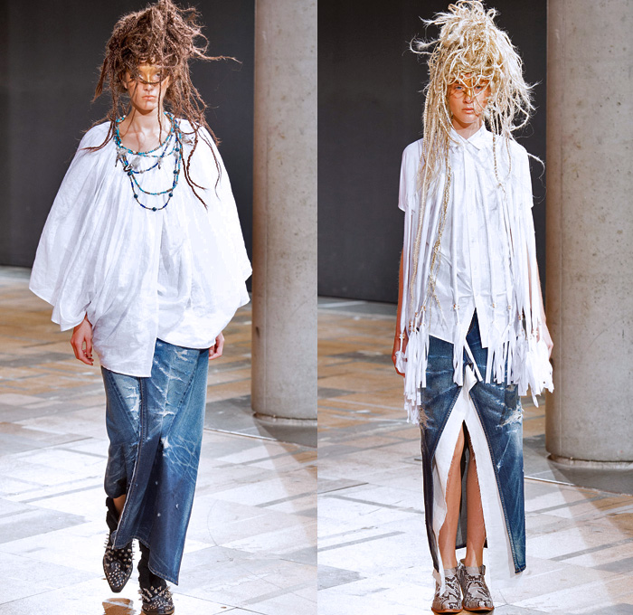 Junya Watanabe 2014 Spring Summer Womens Runway Collection - Paris Fashion Week - Mode à Paris - Crusty Raver Braided Hair Hippie Tribal Native American Prints Motif Folklore Fringe Draped Denim Jeans Patchwork Destroyed Frayed: Designer Denim Jeans Fashion: Season Collections, Runways, Lookbooks and Linesheets