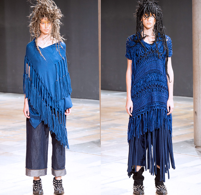 Junya Watanabe 2014 Spring Summer Womens Runway Collection - Paris Fashion Week - Mode à Paris - Crusty Raver Braided Hair Hippie Tribal Native American Prints Motif Folklore Fringe Draped Denim Jeans Patchwork Destroyed Frayed: Designer Denim Jeans Fashion: Season Collections, Runways, Lookbooks and Linesheets