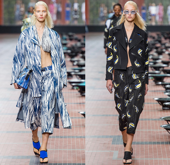 KENZO 2014 Spring Summer Womens Runway Collection - Paris Fashion Week - Mode à Paris - Beach Ocean Waves Brushtrokes Rain Fish Carp Print Motif Palazzo Pants Culottes Jeans Crop Top Bandeau Biker Jackets Blazers Shorts Curved Hem Trenchdress Coatdress: Designer Denim Jeans Fashion: Season Collections, Runways, Lookbooks and Linesheets