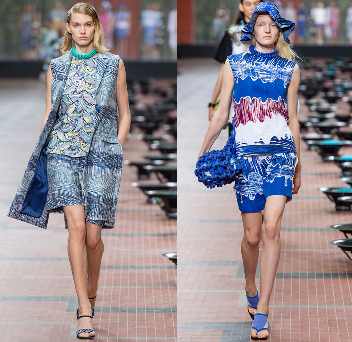 KENZO 2014 Spring Summer Womens Runway Collection - Paris Fashion Week - Mode à Paris - Beach Ocean Waves Brushtrokes Rain Fish Carp Print Motif Palazzo Pants Culottes Jeans Crop Top Bandeau Biker Jackets Blazers Shorts Curved Hem Trenchdress Coatdress: Designer Denim Jeans Fashion: Season Collections, Runways, Lookbooks and Linesheets