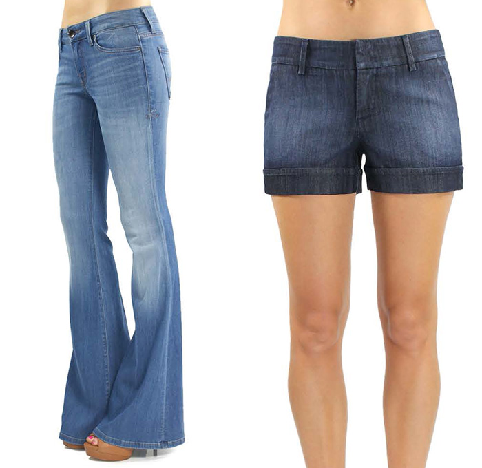 (1a) Dahlia Flare Wide Leg Bell Bottom Denim Jeans - (1b) Gina Trouser Denim Short Roll Up Hem - Level 99 2014 Spring Womens Collection Picks - Flare Skinny Cutoffs Shorts Crop Roll Up Mid Rise High Rise Tomboy Selvedge Raw Dry Rigid Retro Faded Denim Jeans: Designer Denim Jeans Fashion: Season Collections, Runways, Lookbooks and Linesheets