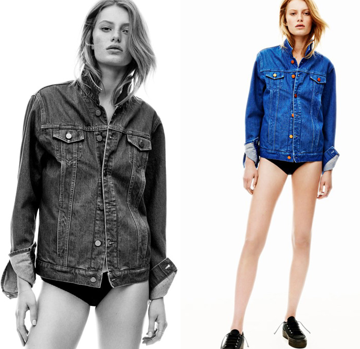 MiH Jeans 2014 Pre Spring Womens Lookbook - 2014 Resort Cruise Denim Jeans Fashion Collection - Cutoffs Shorts Stripes Blouse Trucker Jacket Knit Sweater Jumper Outerwear Coat Cardigan Low Neckline Flare Bell Bottom Multi-Panel Knee Panels