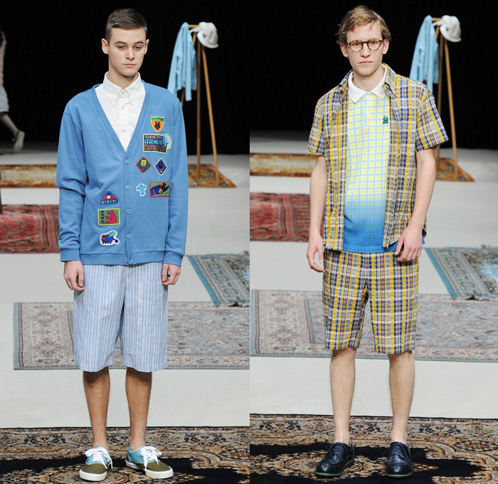 Né-net 2014 Spring Summer Mens Runway Collection - Mercedes-Benz Fashion Week Tokyo Japan Kazuaki Takashima - Happy Camper Outdoors Nerdy Motif Print Pattern Owl Checks Plaids Denim Jeans Patchwork Lounge Roomwear: Designer Denim Jeans Fashion: Season Collections, Runways, Lookbooks and Linesheets