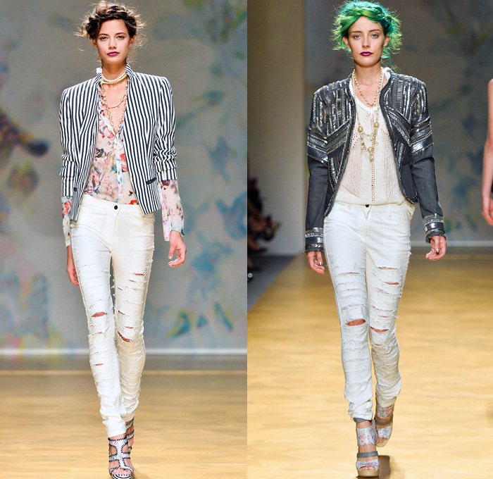 Nicole Miller 2014 Spring Womens Runway Collection - New York Fashion Week - Gardens of Versailles Shattered Mirror Broken Glass Shards Flowers Florals Embroidery: Designer Denim Jeans Fashion: Season Collections, Runways, Lookbooks and Linesheets