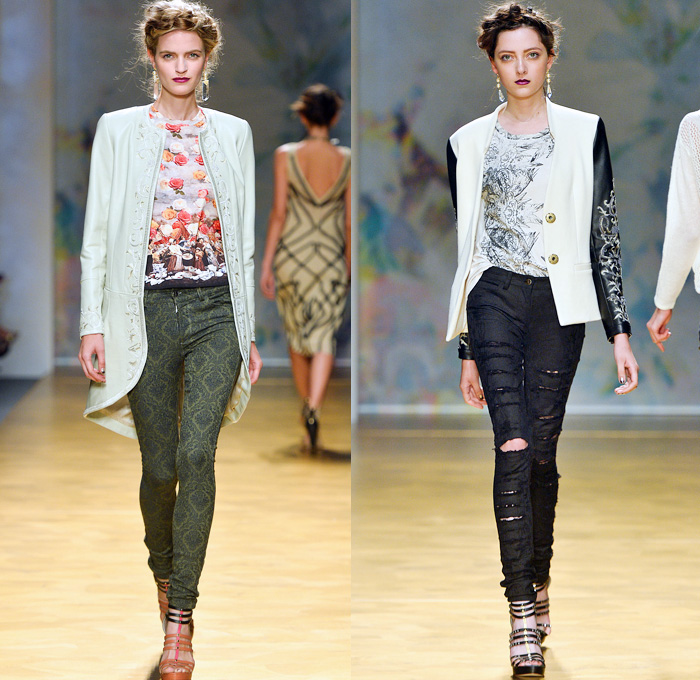 Nicole Miller 2014 Spring Womens Runway Collection - New York Fashion Week - Gardens of Versailles Shattered Mirror Broken Glass Shards Flowers Florals Embroidery: Designer Denim Jeans Fashion: Season Collections, Runways, Lookbooks and Linesheets