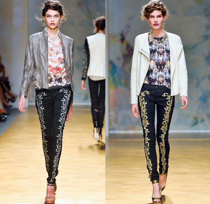 Nicole Miller 2014 Spring Womens Runway Collection - New York Fashion Week - Gardens of Versailles Shattered Mirror Broken Glass Shards Flowers Florals Embroidery: Designer Denim Jeans Fashion: Season Collections, Runways, Lookbooks and Linesheets