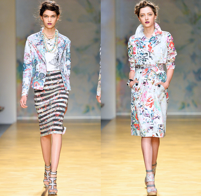Nicole Miller 2014 Spring Womens Runway Collection - New York Fashion Week - Gardens of Versailles Shattered Mirror Broken Glass Shards Flowers Florals Embroidery: Designer Denim Jeans Fashion: Season Collections, Runways, Lookbooks and Linesheets