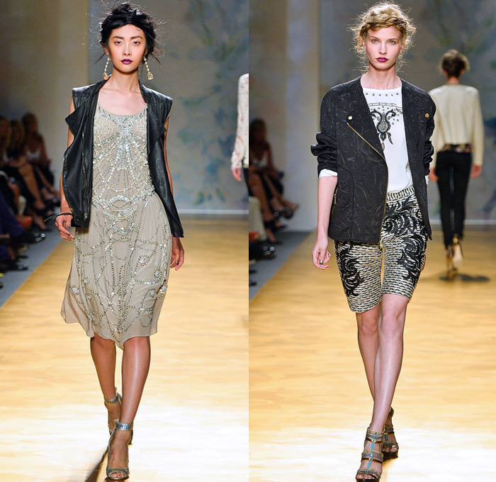 Nicole Miller 2014 Spring Womens Runway Collection - New York Fashion Week - Gardens of Versailles Shattered Mirror Broken Glass Shards Flowers Florals Embroidery: Designer Denim Jeans Fashion: Season Collections, Runways, Lookbooks and Linesheets