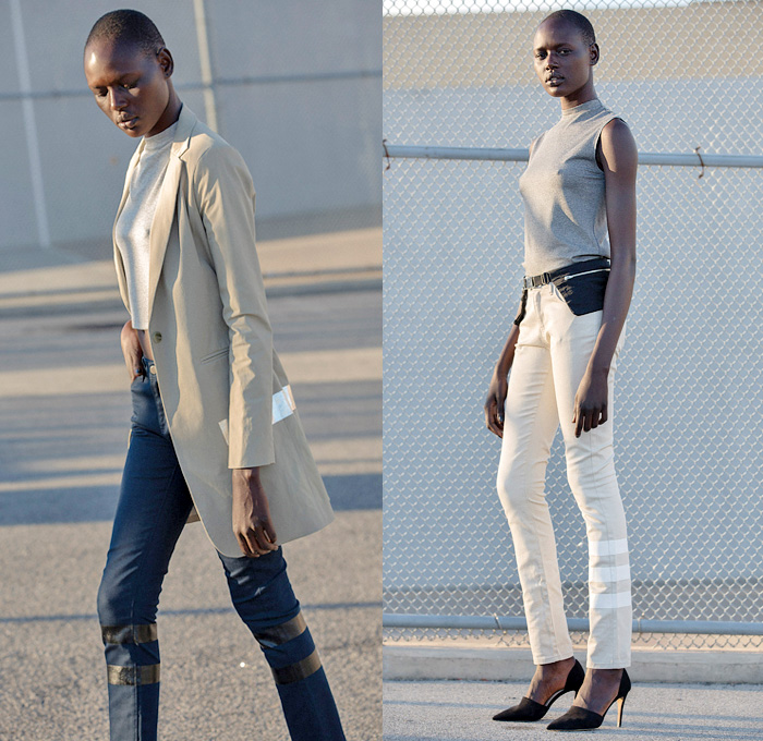 Nomia 2014 Spring Womens Presentation in New York - Yara Flinn - Denim Jeans Reflective Tape Metallic Safety Stripes Waist Pouch One Piece Jumpsuit Coveralls Tunic Crop Top Kimono Shirtdress Sheer Chiffon Mesh Peek-A-Boo Pencil Skirt: Designer Denim Jeans Fashion: Season Collections, Runways, Lookbooks and Linesheets